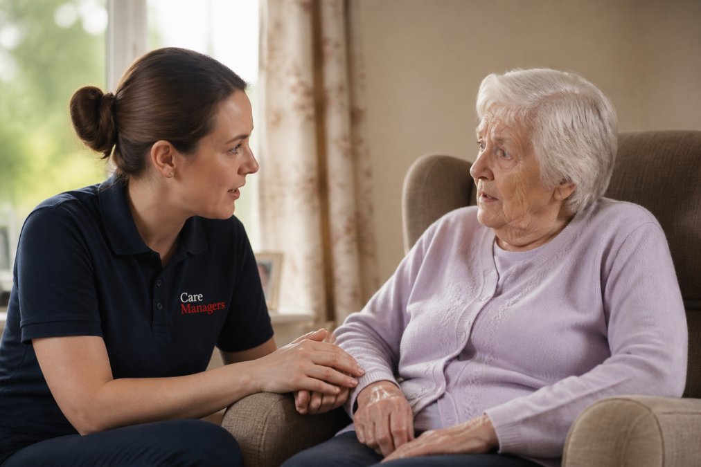 Professional caregiver speaking calmly to an older person with dementia in a softly lit living room with comfortable seating and warm natural light