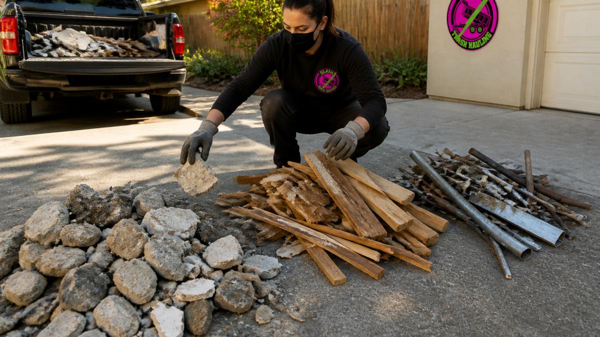 A worker in gloves and a dust mask sorting broken concrete, wood scraps, and metal into separate piles on a residential driveway in San Jose, with a pickup truck parked nearby and afternoon sunlight across the pavement