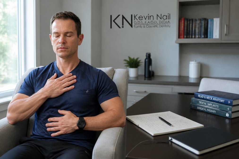 A calm person sitting in a comfortable chair at home with eyes closed, practicing slow deep breathing with one hand resting on their chest and the other on their stomach, soft natural light coming through a window