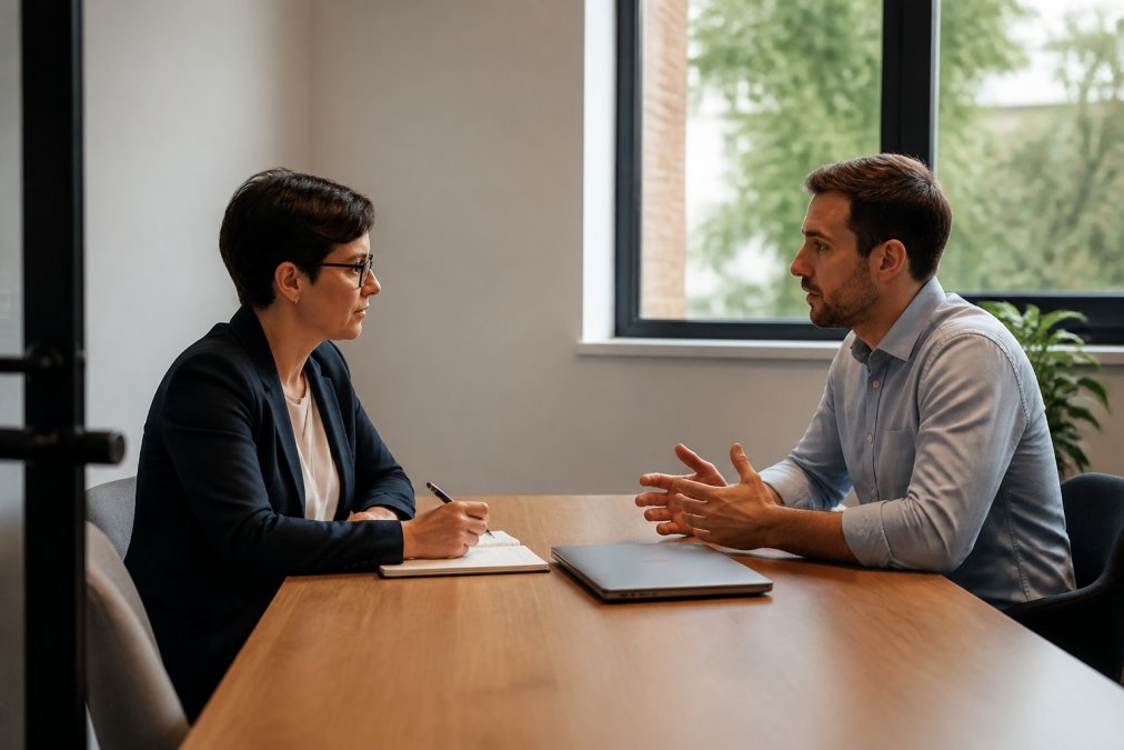 A manager and an employee sitting across a small meeting room table in a calm, private office, both leaning slightly forward in conversation, notepad and closed laptop on the table, soft natural light from a window