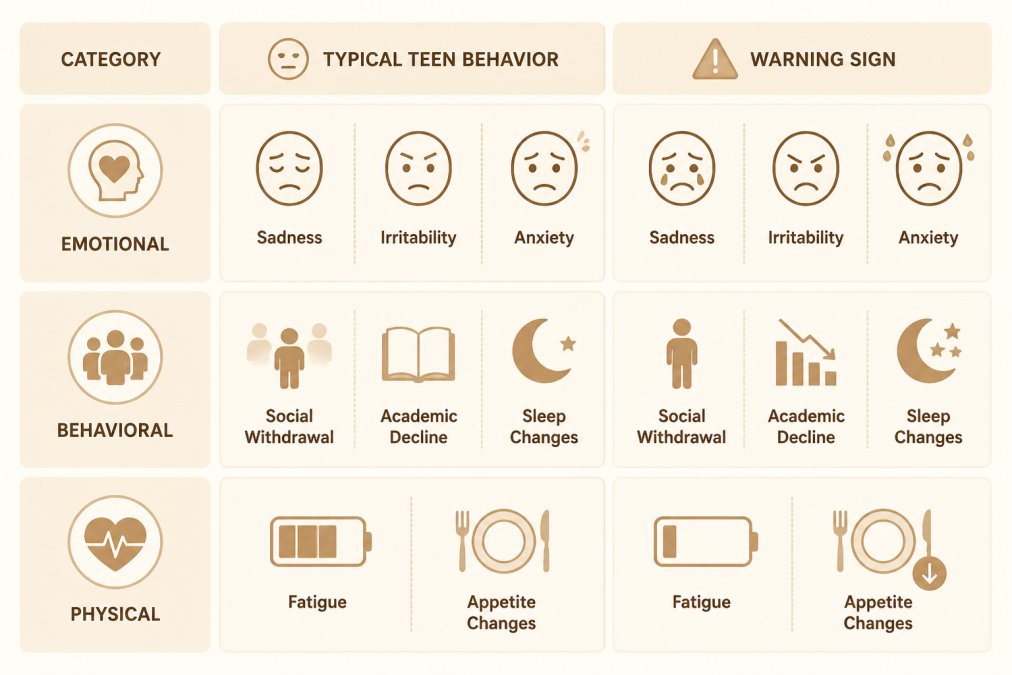 Comparison matrix of emotional, behavioral, and physical signs of teen depression after divorce: emotional (sadness, irritability, anxiety), behavioral (social withdrawal, academic decline, sleep changes), physical (fatigue, appetite changes), with columns for "typical teen behavior" vs "warning sign"