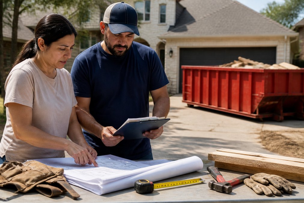 Homeowner and contractor reviewing permit paperwork near a roll-off dumpster to follow dumpster rental restrictions