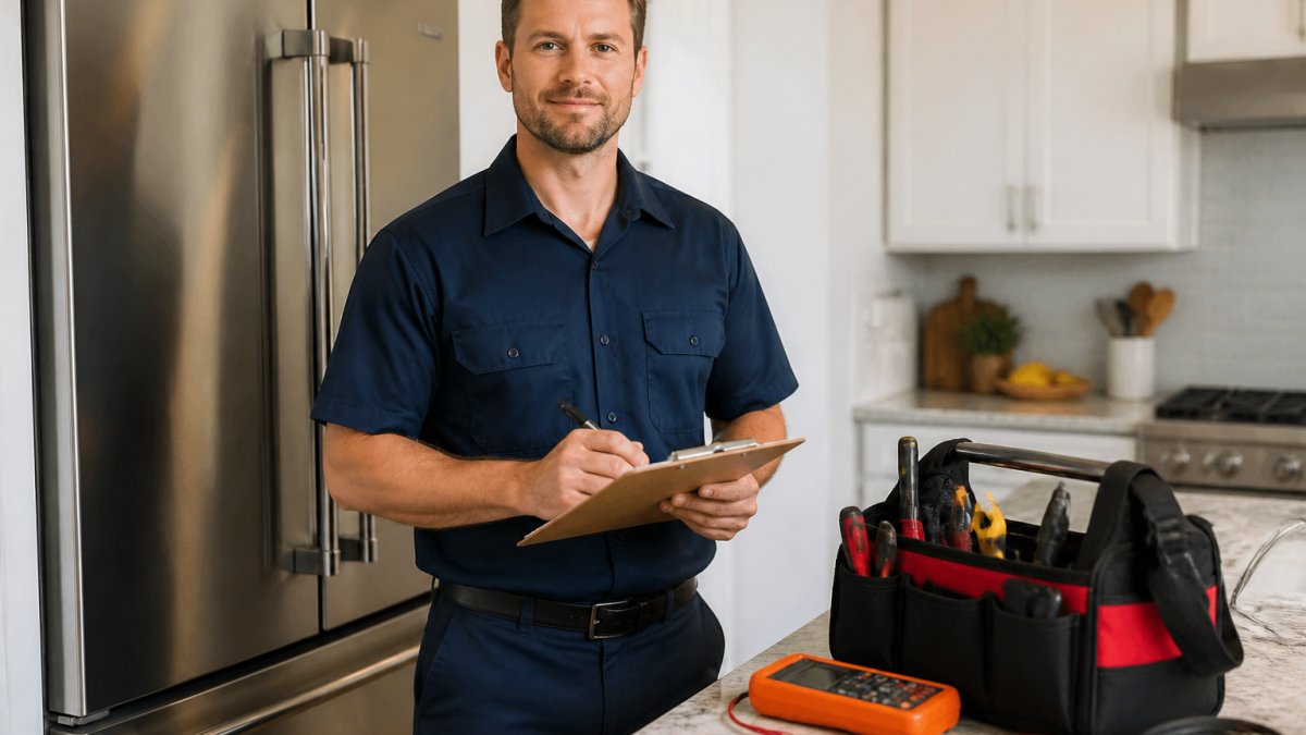 Professional technician with diagnostic tools ready for emergency appliance repair in a modern kitchen.