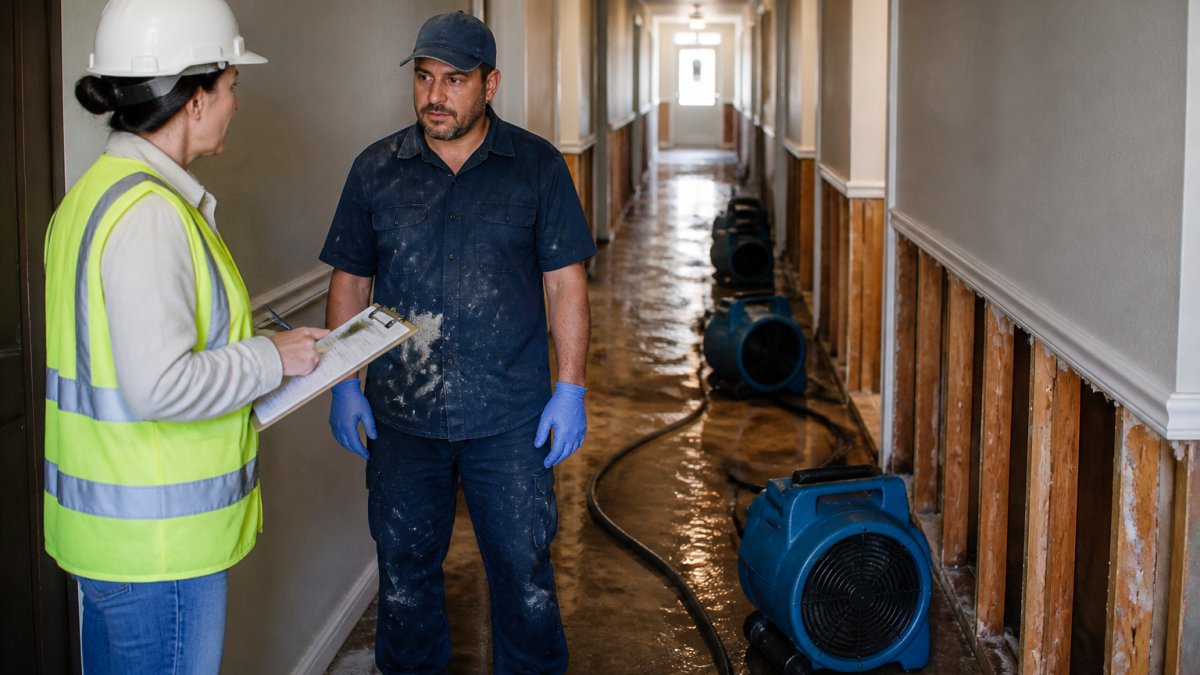 Property manager and worker inspecting water damage to coordinate emergency HOA vendor repairs in a hallway.