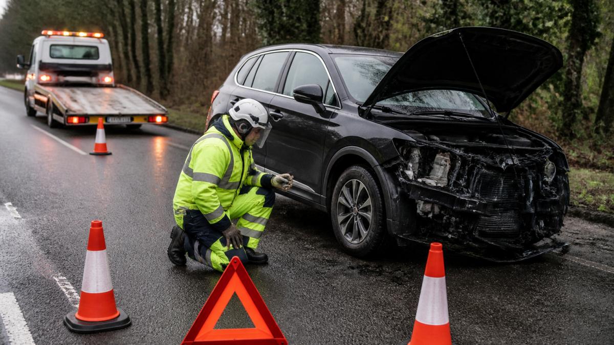Recovery specialist in protective gear inspecting a damaged electric vehicle during emergency recovery for electric cars