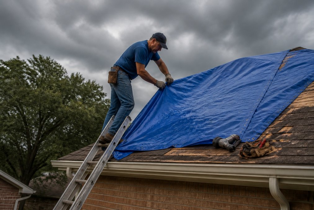 A homeowner on a ladder securing a blue tarp over a damaged roof section, with tools nearby and storm clouds in the background