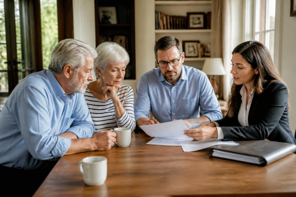 A family seated around a wooden table with a legal professional, reviewing documents with a cup of coffee in a bright home office