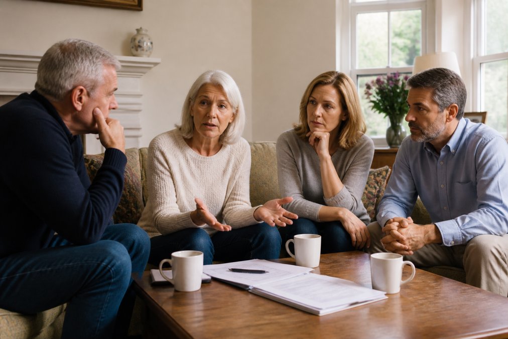 Adult family members sitting together in a living room having a calm, respectful conversation around a table with documents and coffee