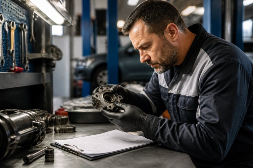 A mechanic in a modern workshop examining a faulty car component under bright diagnostic lighting, with service records and technical tools visible on the workbench