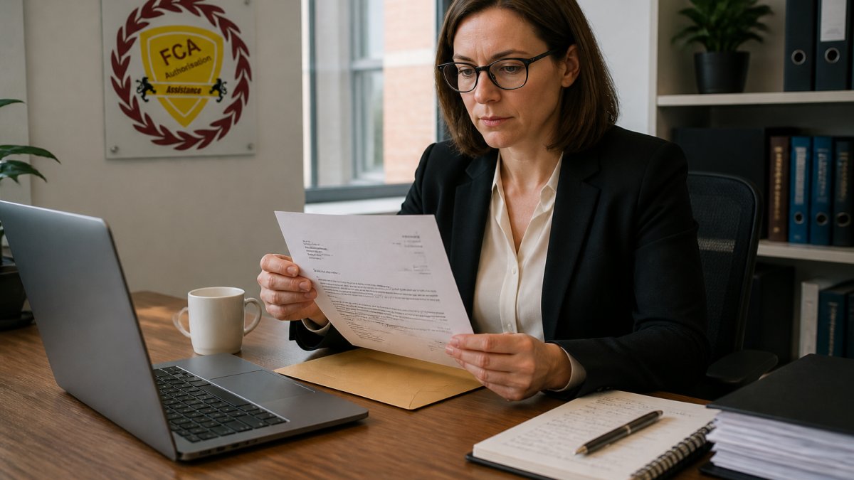 A compliance officer at a desk reviewing a formal regulatory letter, with a laptop open and a notepad with handwritten notes beside it, in a calm professional office