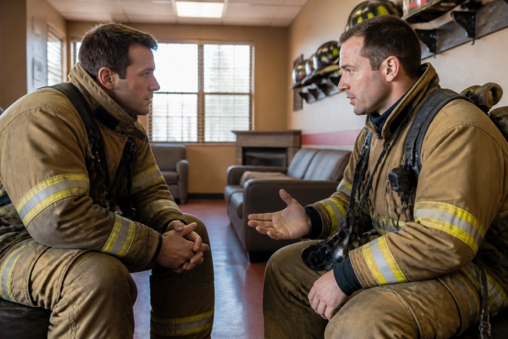 Two firefighters in full station gear having a focused one-on-one conversation in the firehouse common area, one leaning forward intently while the other speaks, natural daylight from windows, calm and serious expressions