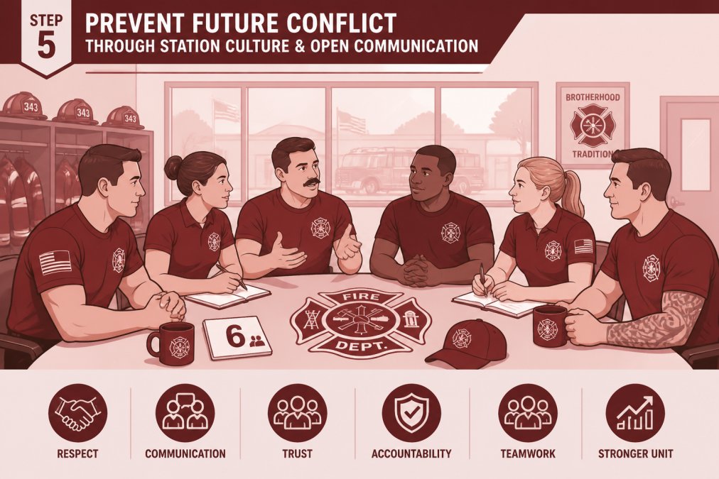 Fire crew of six firefighters gathered around a table in the station common area, engaged in serious discussion with open body language and visible camaraderie, natural light from windows, some taking notes, expressions showing focus and respect