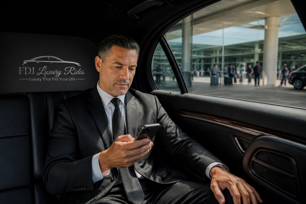Chauffeur checking real-time data to manage flight delays private transport while parked at the airport terminal