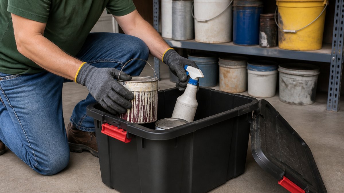 A homeowner in work gloves placing old paint cans and a spray bottle into a sturdy plastic storage bin with a secure lid inside a garage, with other labeled containers on a shelf behind