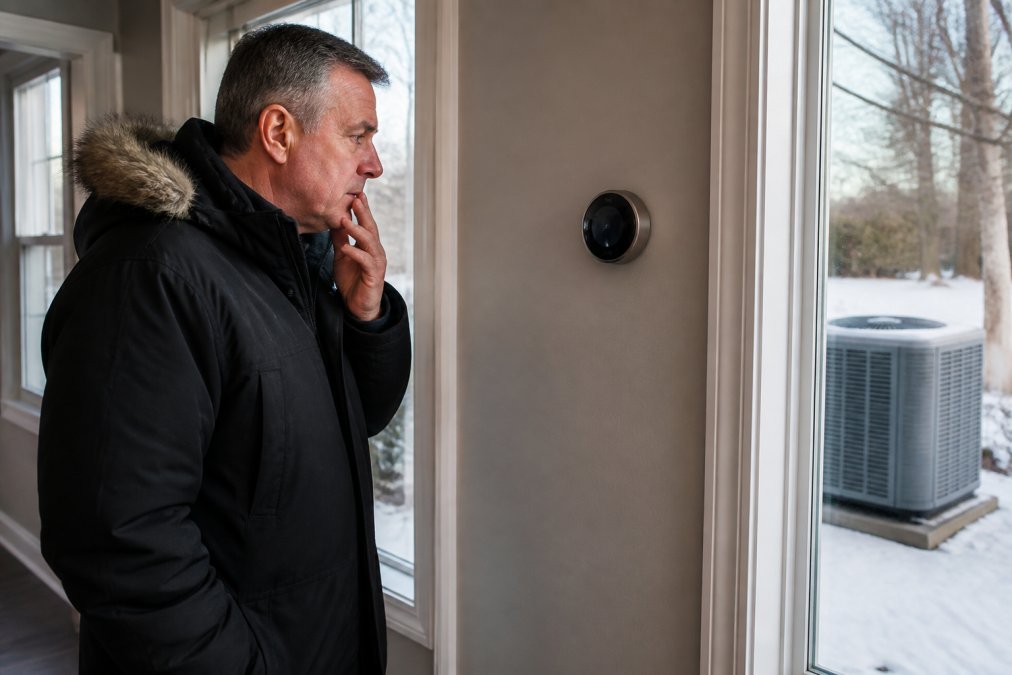 A homeowner in warm winter clothing standing in front of a smart thermostat, looking at the display with a concerned expression, while a heat pump unit is visible through a window behind them