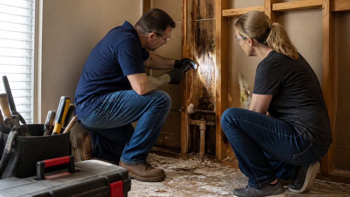 Contractor and homeowner inspecting water-damaged wood framing to uncover hidden problems during a home repair.