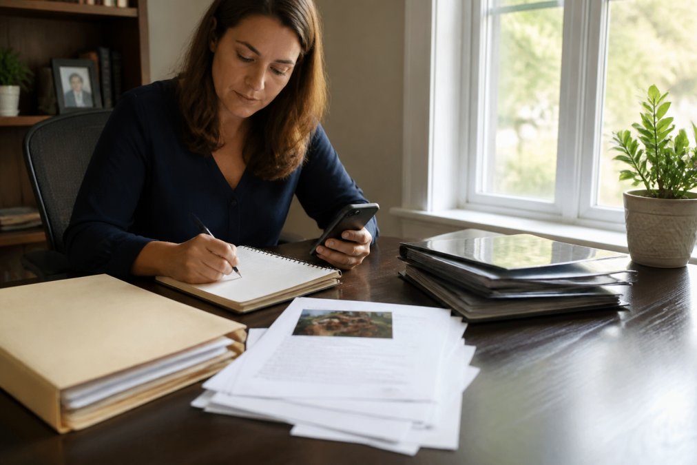 Parent sitting at a desk with a notebook and smartphone, organizing records and documentation materials related to custody matters, natural lighting from nearby window