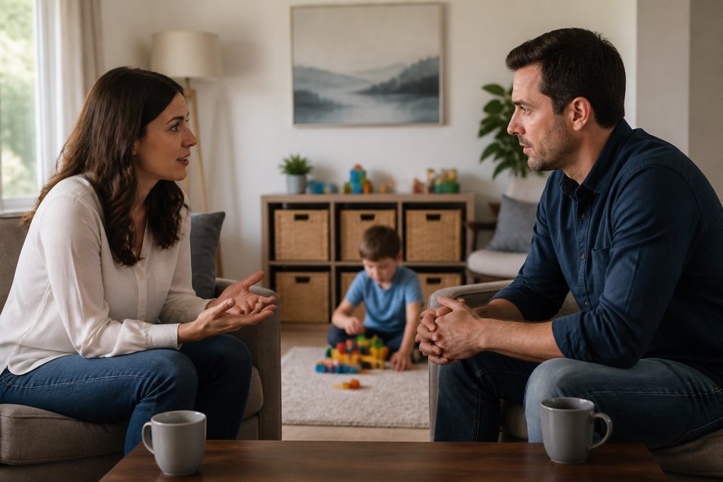Two parents having a calm, professional conversation in a neutral setting while child is engaged in activity in background, natural lighting