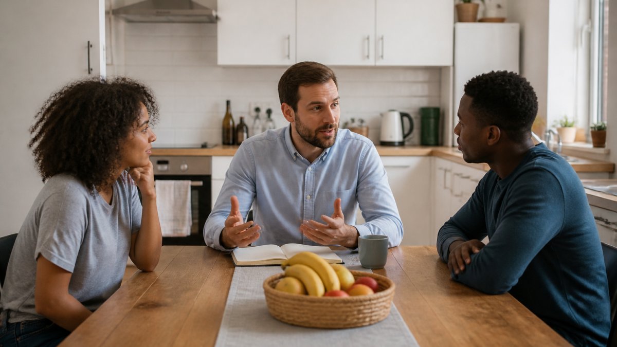 A landlord sitting at a dining table with two tenants, calmly discussing a shared living issue in a bright HMO kitchen