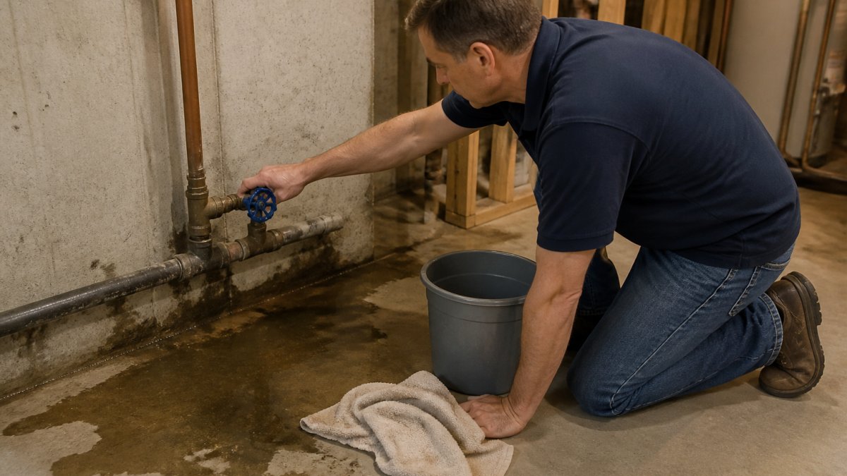 Homeowner turning off a basement water valve to address home repair emergencies with a bucket and towel nearby