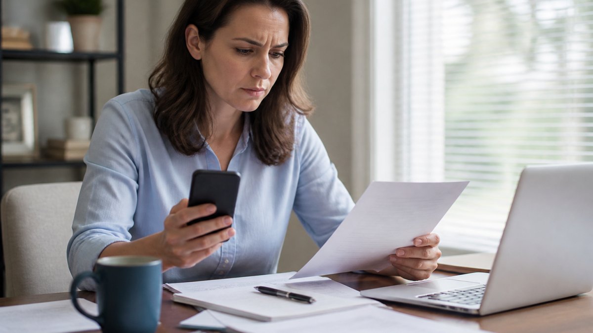 Woman reviewing financial documents on a laptop to handle identity theft with concern at her desk