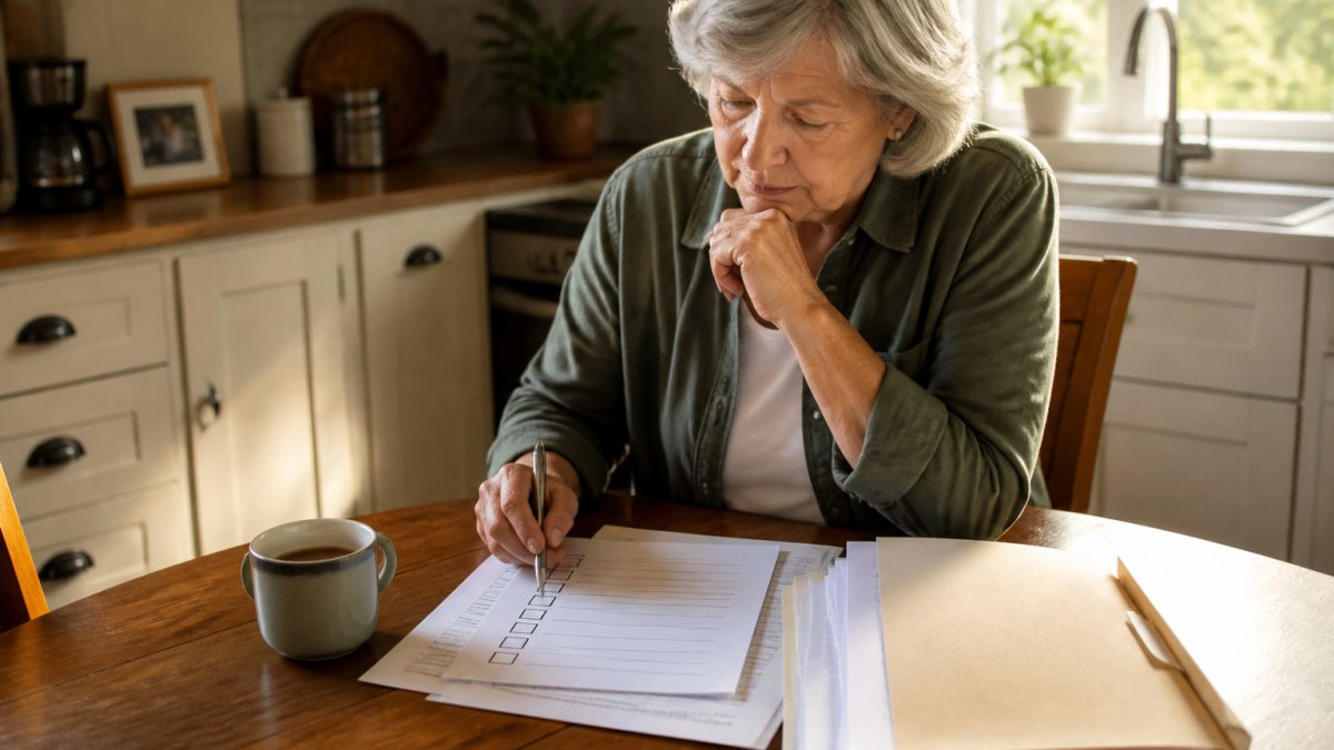 An older adult sitting at a kitchen table with a folder of documents, a pen, and a cup of coffee, looking thoughtfully at a checklist on paper, warm morning light through the window
