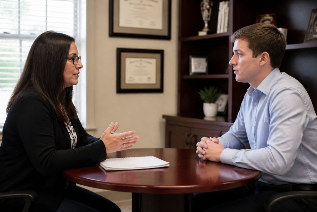 A manager and employee seated across from each other at a small table in a private office, both with neutral, professional expressions, a notepad visible on the table
