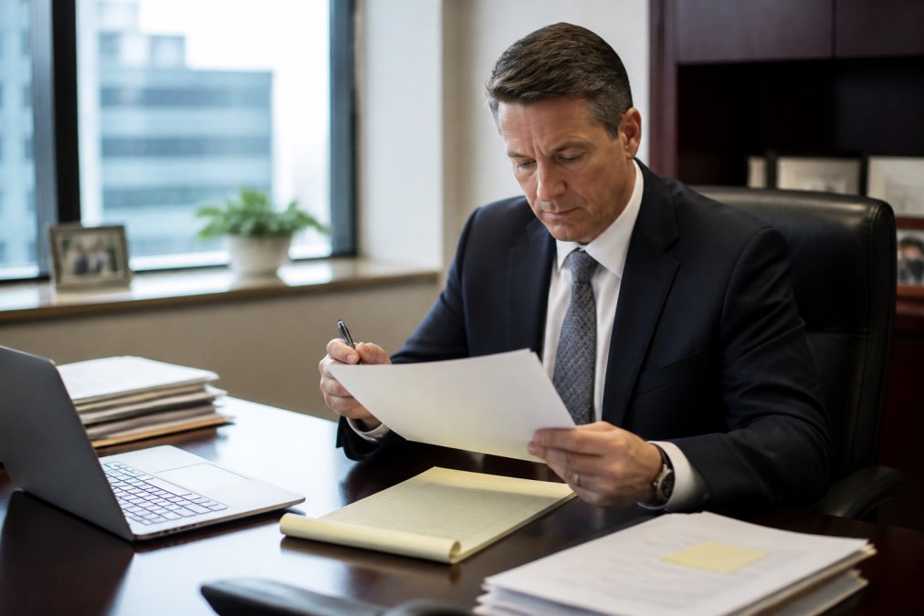 A claims adjuster in business attire reviewing claim documents at a desk with a laptop and notepad, office lighting