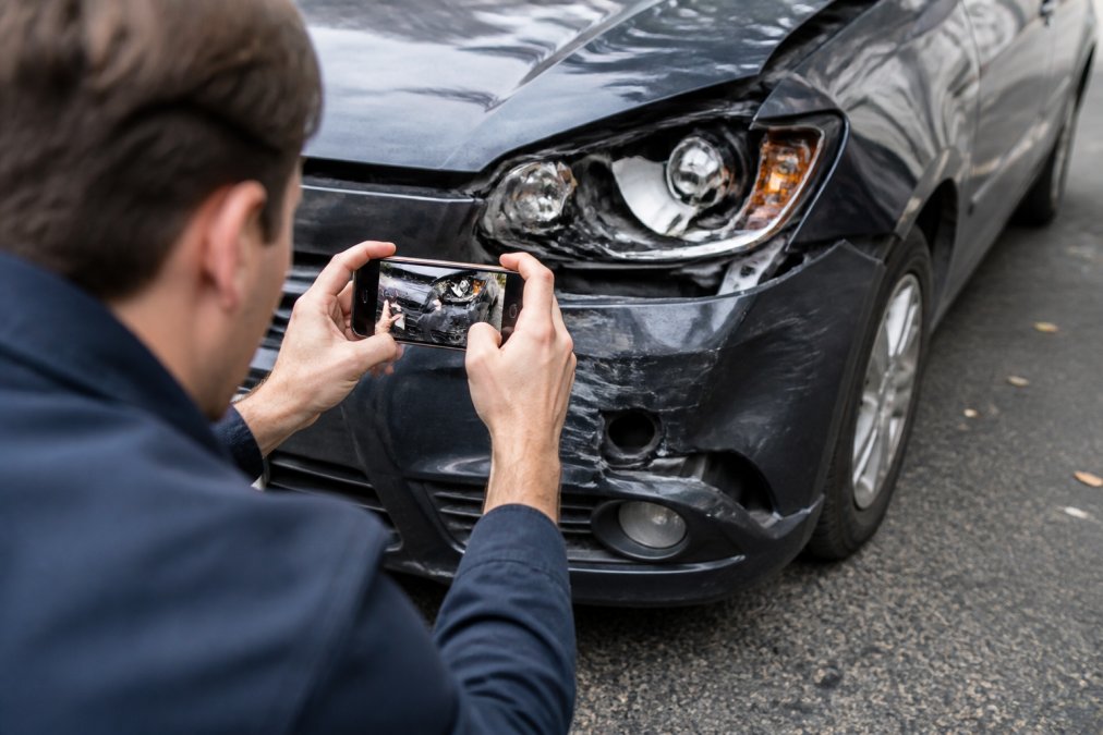 Person photographing vehicle damage at accident scene with smartphone, showing close-up of dented bumper and broken headlight with natural daylight illumination