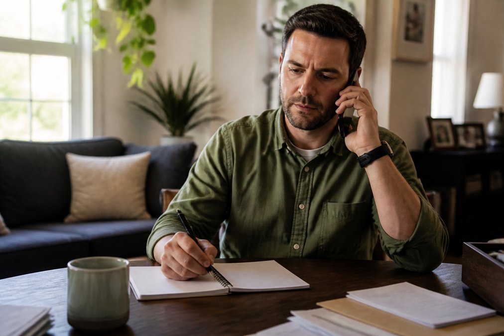Person sitting at home taking notes during a phone call with insurance adjuster, notepad and pen visible on desk, calm and focused expression, natural window lighting