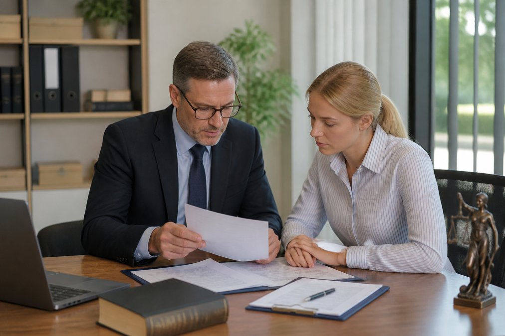 Professional attorney and client reviewing settlement documents at desk, discussing terms and figures, both focused on paperwork, modern office setting with natural light