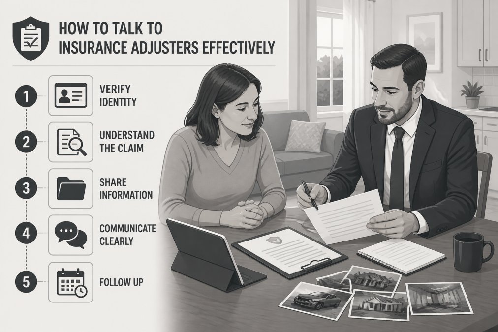 Professional insurance adjuster reviewing claim documents with policyholder at home, both seated at table with paperwork, tablet, and photographs in warm natural lighting