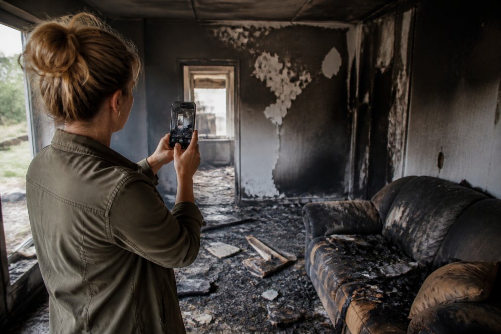 Homeowner photographing charred walls and fire damage in living room with smartphone, showing smoke-stained furniture and debris scattered across floor