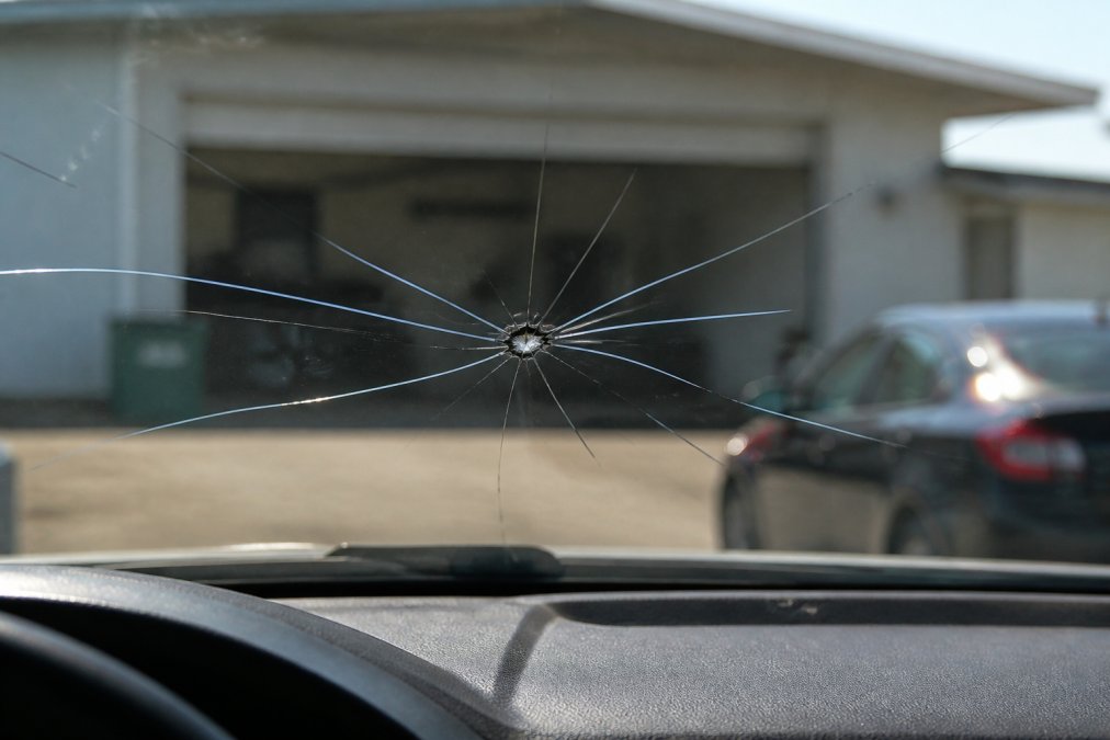 Close-up view of a damaged windshield with a visible chip and radiating cracks, photographed from inside the vehicle with natural sunlight highlighting the damage pattern through the glass