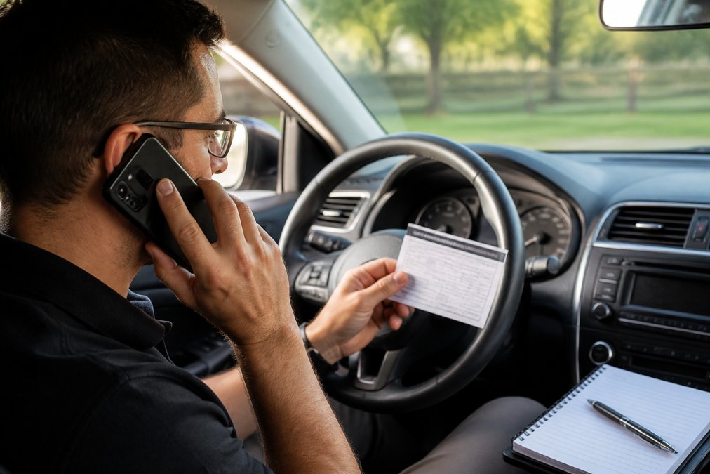 Person sitting in a vehicle during a phone call, holding their vehicle identification number and insurance policy documents, with a notepad for recording claim information visible on the dashboard