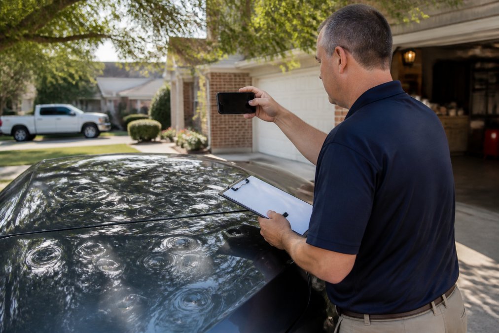 A vehicle owner standing in a driveway photographing small dents on a car roof with a smartphone, clipboard and pen in hand, bright daylight