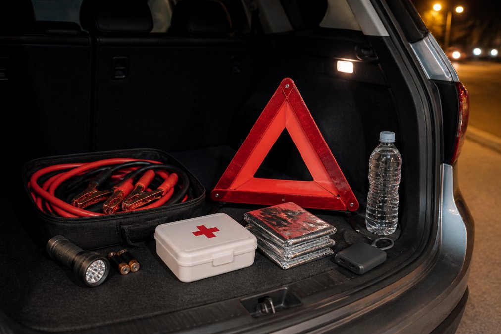 Emergency kit items arranged on car trunk floor including jumper cables coiled neatly, LED flashlight with batteries, compact first aid kit in white box, reflective warning triangles, emergency blanket, bottled water, and portable phone charger, all organized and visible