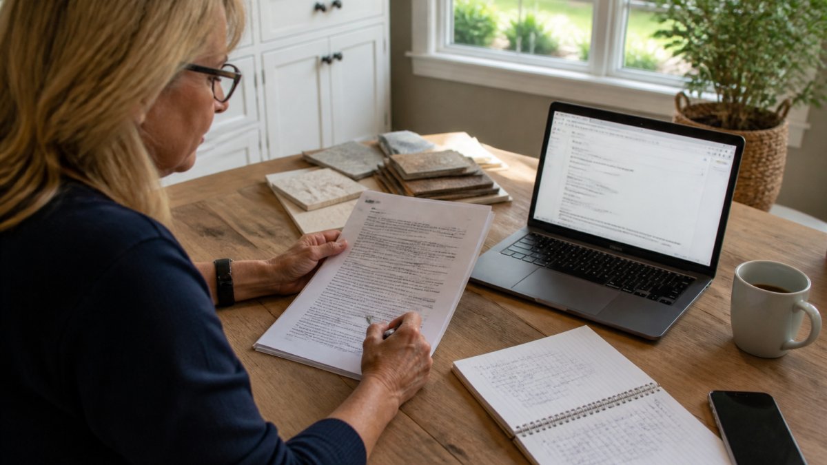 A homebuyer at a kitchen table reviewing a printed construction contract with a pen, a notebook of dated notes, and a laptop showing an email draft, in a bright home office