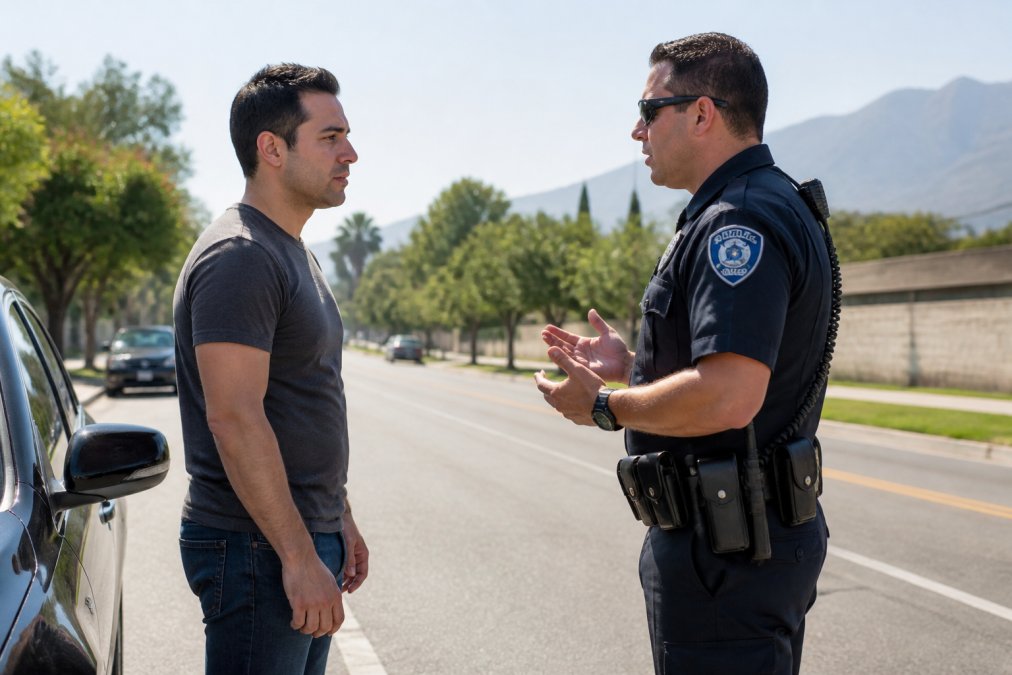 A person standing calmly during a roadside police stop, maintaining appropriate distance and neutral body language while speaking with an officer in daylight
