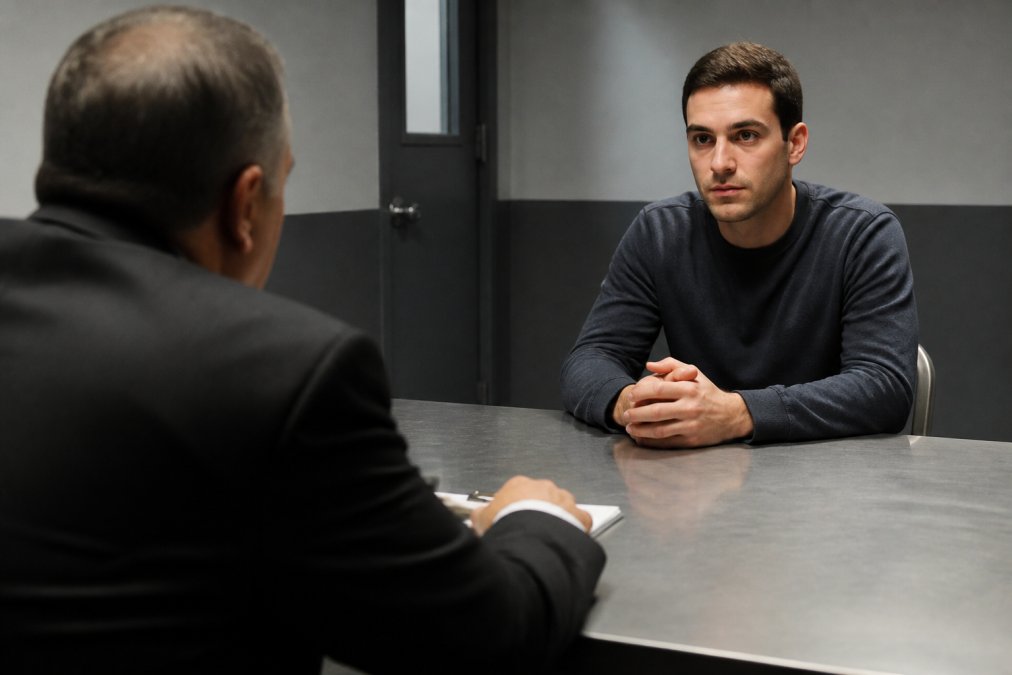 A person sitting calmly in an interrogation room across from a detective, maintaining composed posture and neutral expression with hands visible on the table