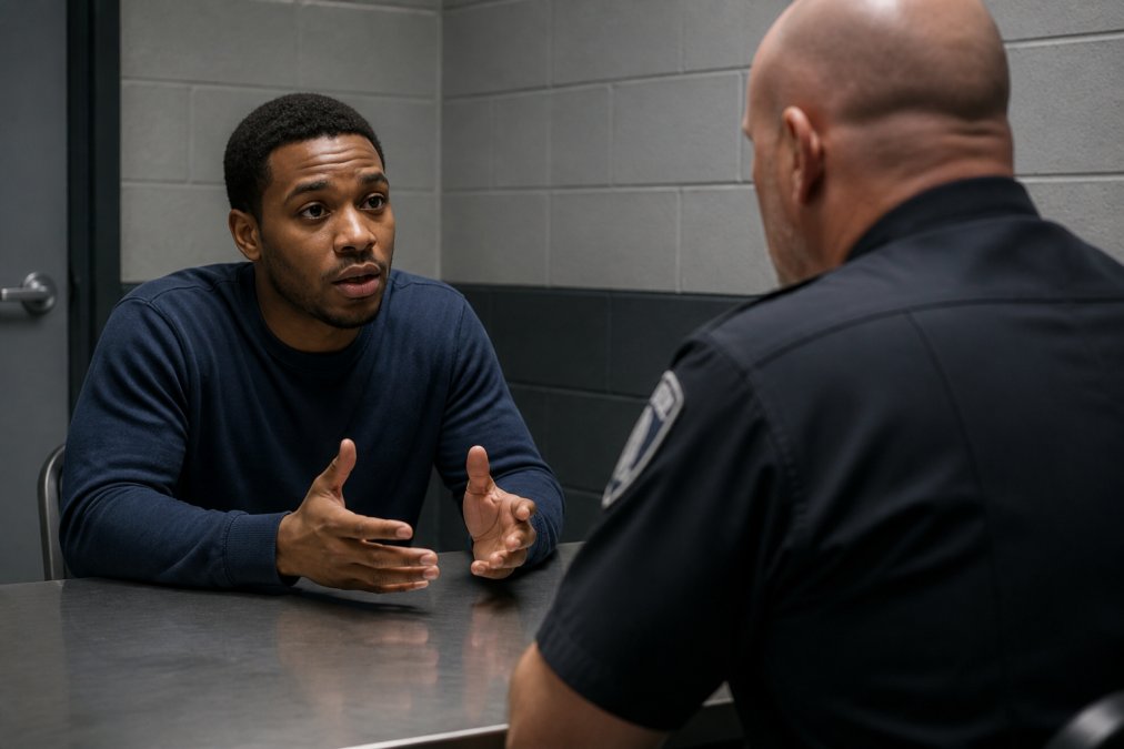 Person sitting across from a police officer in an interrogation room with calm, composed expression while speaking clearly, fluorescent overhead lighting casting even illumination across the metal table between them