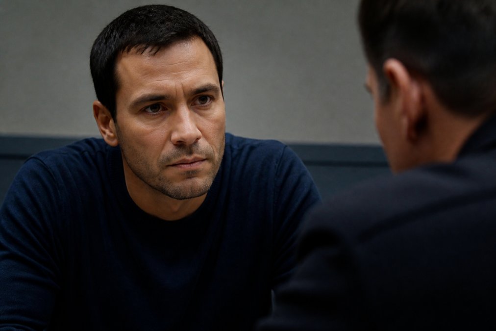 Close-up of person's face showing intense concentration and careful listening during serious conversation, representing heightened awareness of manipulation tactics, with subtle tension visible in jaw and eyes