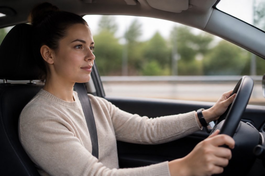 Driver sitting in a car with a calm, focused expression, hands on steering wheel, showing confidence and readiness to drive