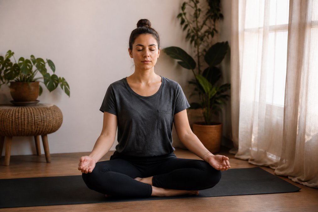 Person practising mindfulness in a calm, peaceful environment, sitting cross-legged on a yoga mat in a quiet room with soft natural light filtering through curtains, eyes gently closed, hands resting on knees