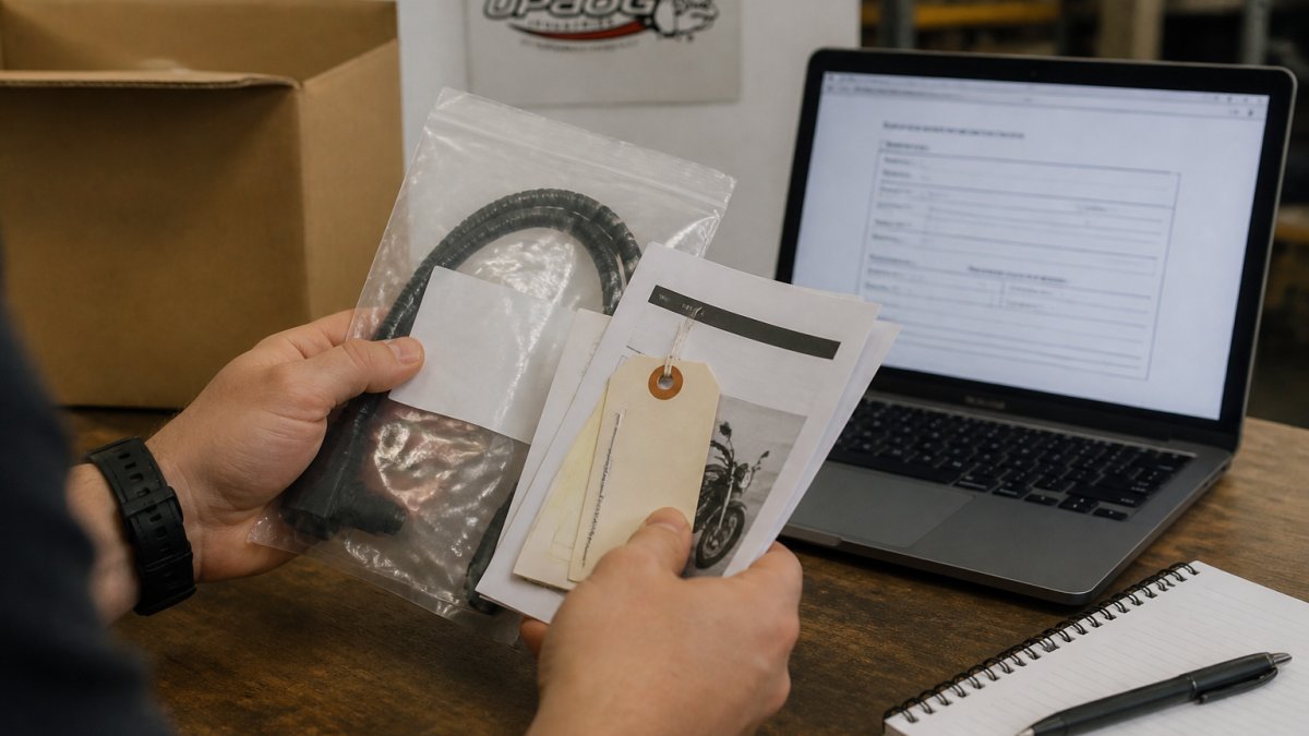 Close-up of a person's hands holding original packaging, tags, and instruction manuals for a powersports part, with a laptop open showing a return authorization form in the background