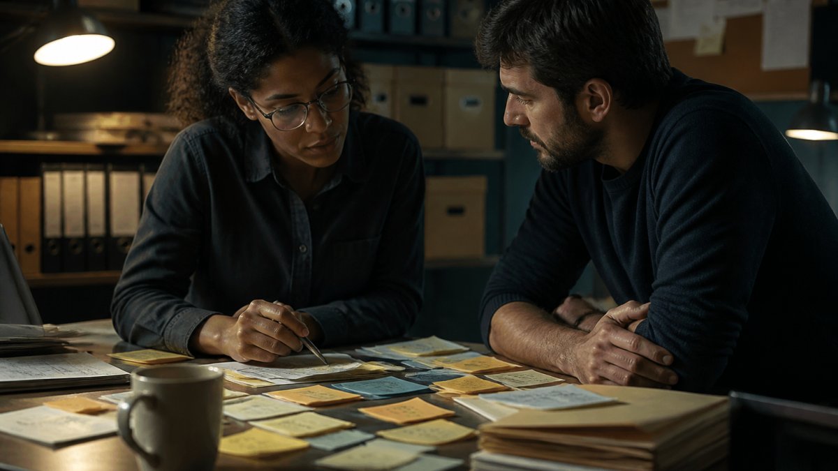 A developer and security engineer reviewing access logs and a threat model on a large monitor in a dimly lit office, with sticky notes on the desk
