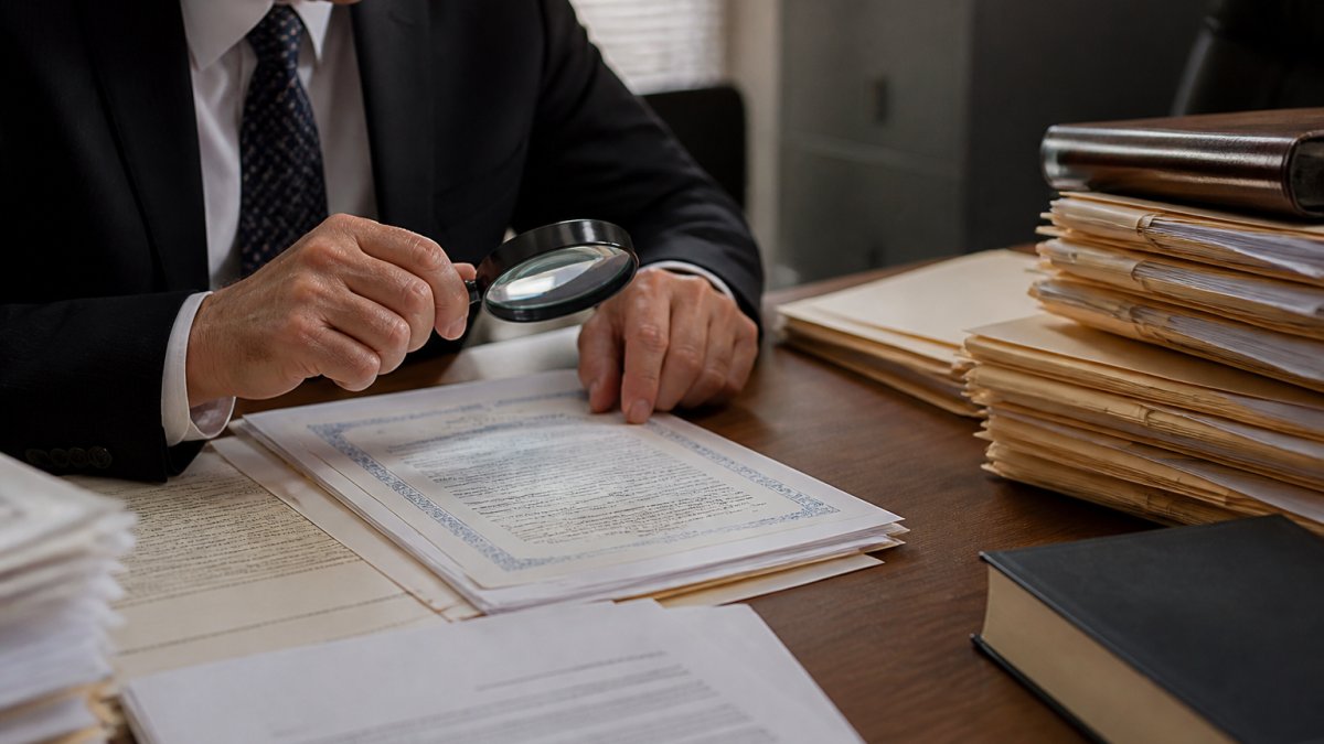 Professional reviewing property deed and lien documents with magnifying glass on desk with organized file folders