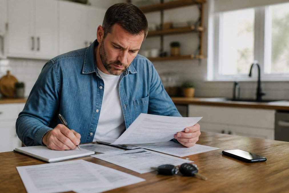Infographic showing essential documents and steps for filing property damage claims at a kitchen table.