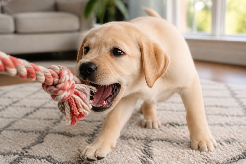 Close-up of a young Labrador puppy mid-play on a living room rug, mouth open toward a rope toy, soft afternoon light through a window
