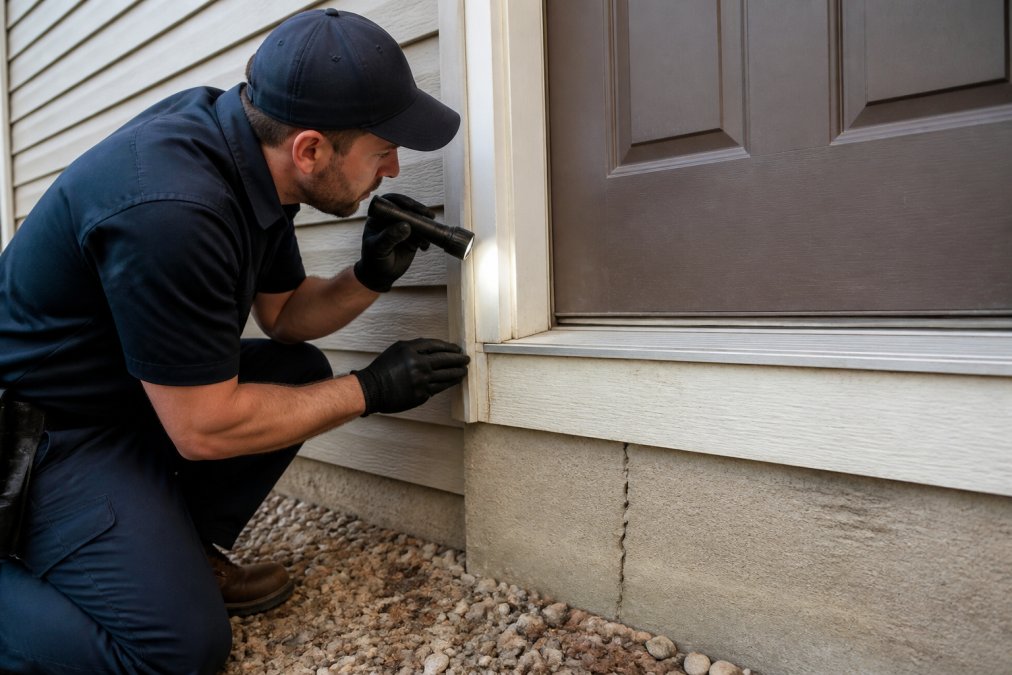 Close-up of a pest control technician in uniform using a flashlight to inspect a gap around a door frame on the exterior of a home, natural daylight illuminating the foundation crack below